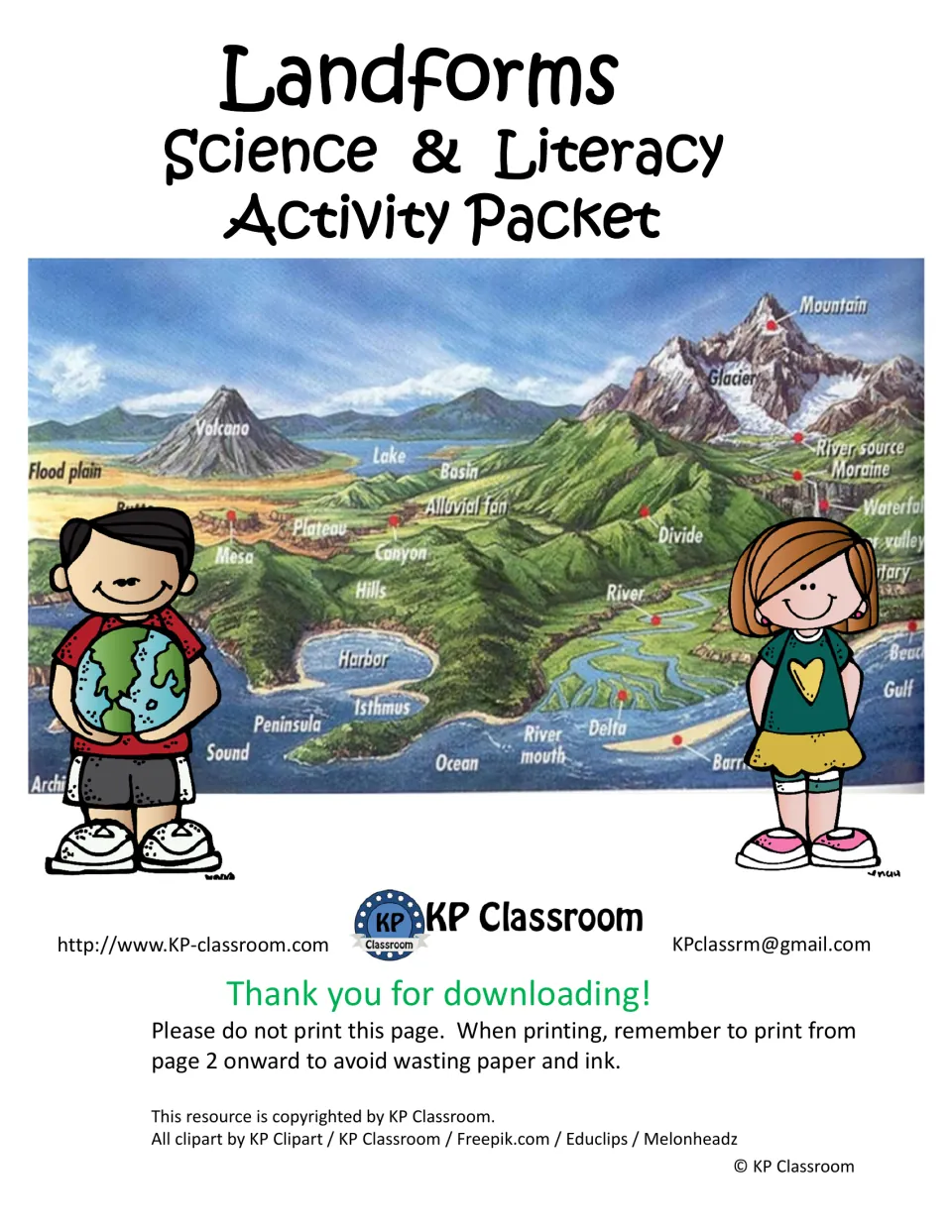 Landforms cover by KP Classroom: labeled landscape of volcano, canyon, delta, glacier and harbor with two kids