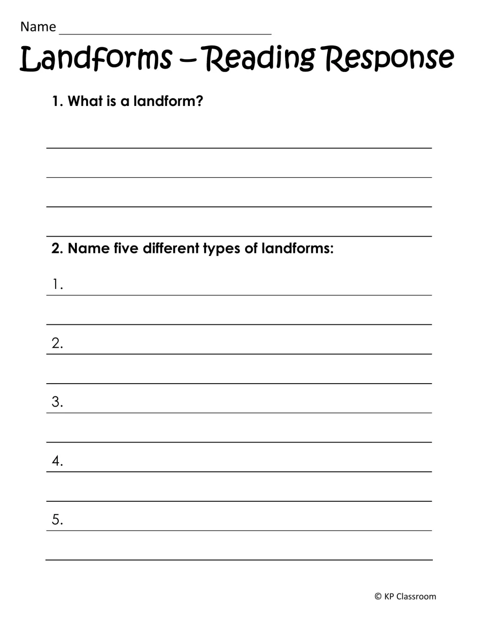 Landforms reading response: students define a landform in their own words and list five different types of landforms