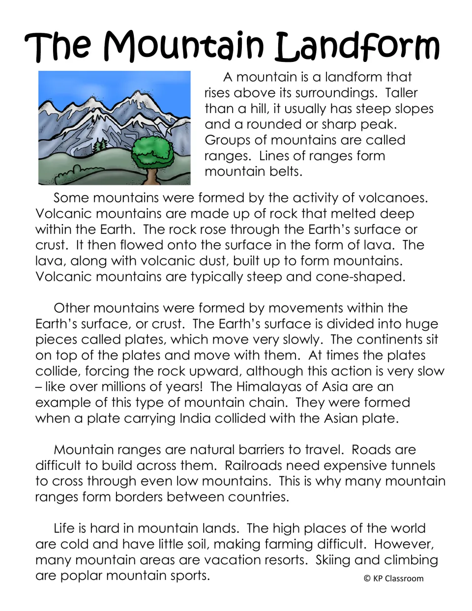 The Mountain Landform passage on volcanic and plate-collision mountains, the Himalayas, travel barriers and mountain life