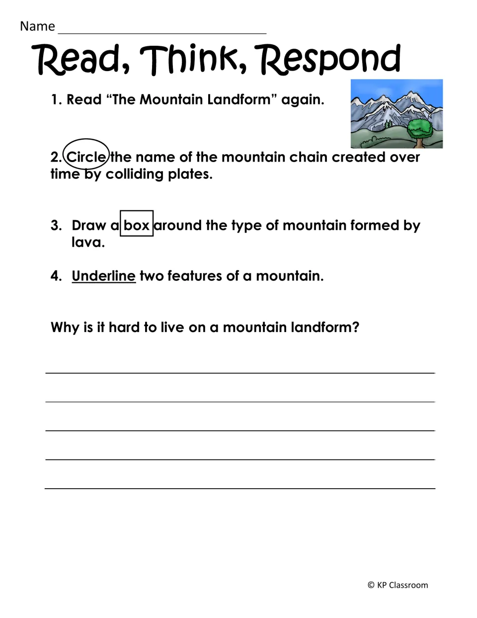 Mountain text marking: students reread, circle the chain formed by plates, box the lava type and underline two features