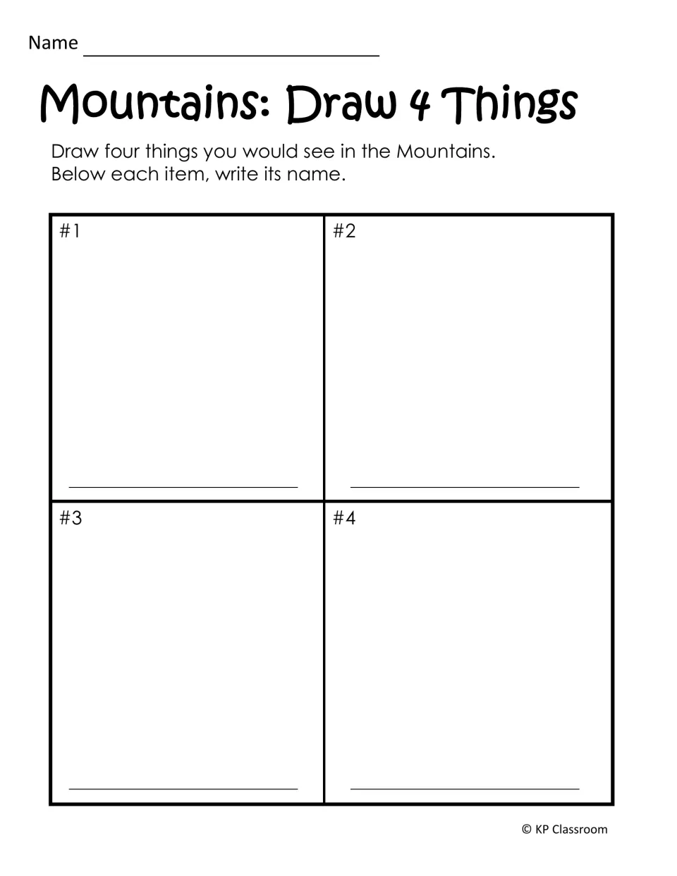 Mountains: Draw 4 Things, where students sketch four things they would see in the mountains and label each one