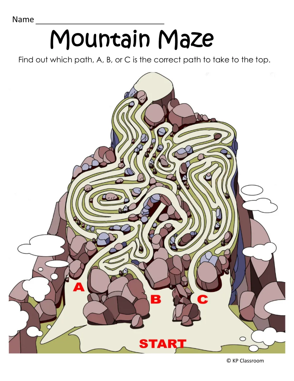 Mountain Maze puzzle: students trace paths A, B and C from START to find the one that reaches the mountain top