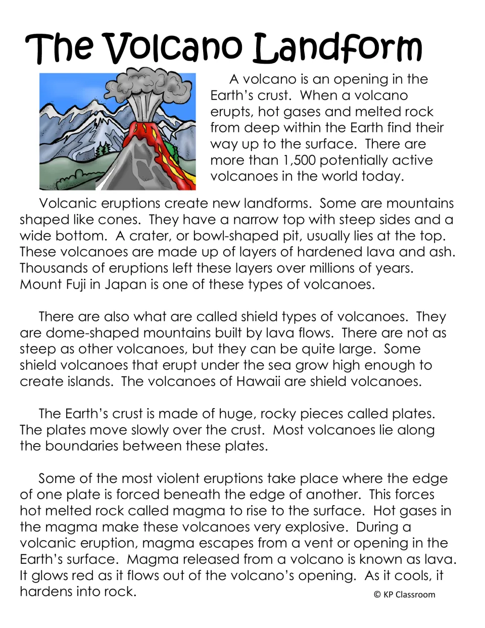 The Volcano Landform passage on eruptions, cone and shield volcanoes, Mount Fuji, Hawaii, plates, magma and lava