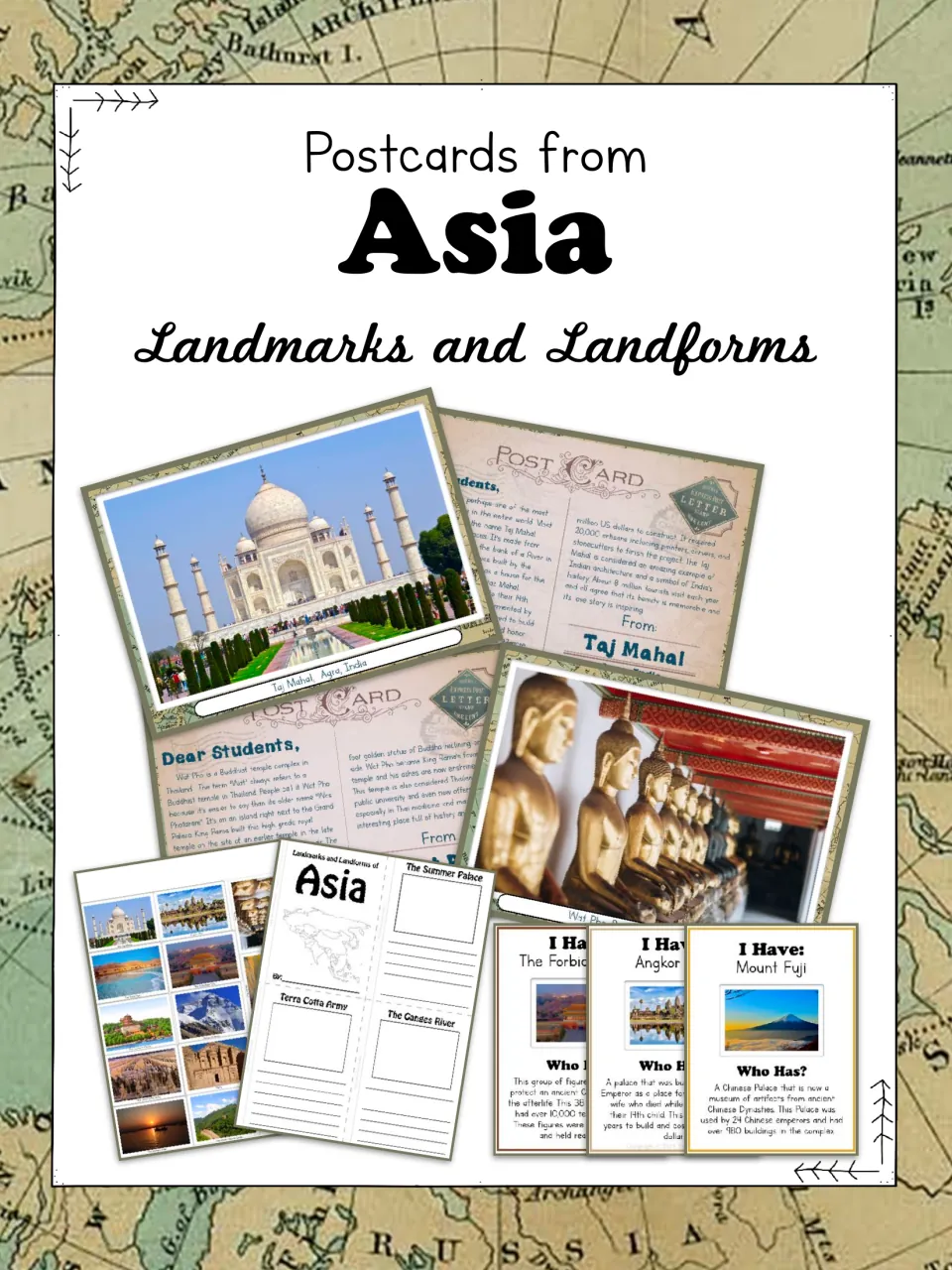 Asia geography bundle cover showing sample landmark postcards, a student booklet, and review game cards