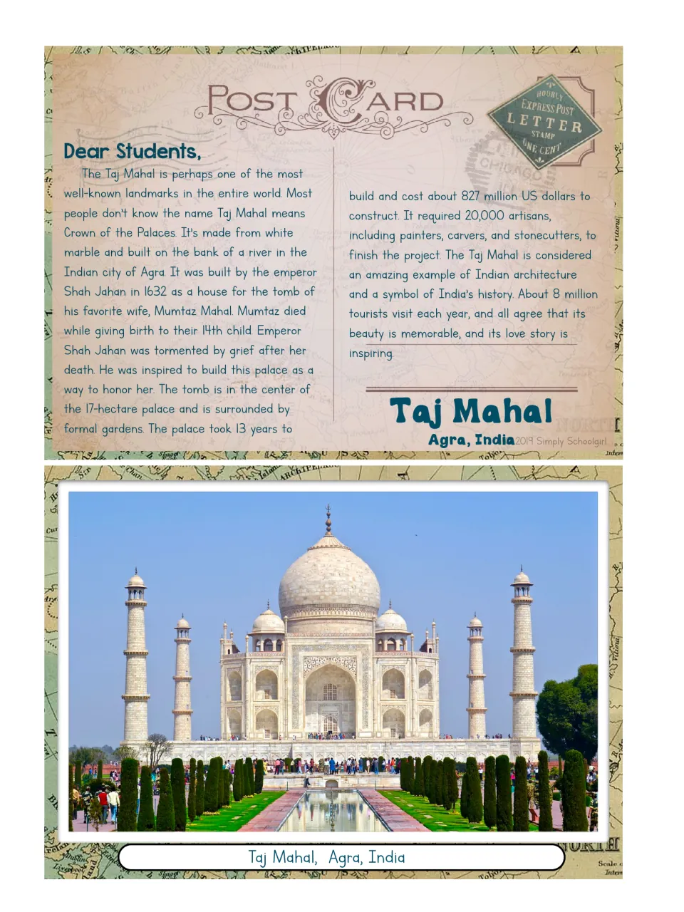 Taj Mahal postcard pairs a photograph with a student reading about its marble construction and Shah Jahan