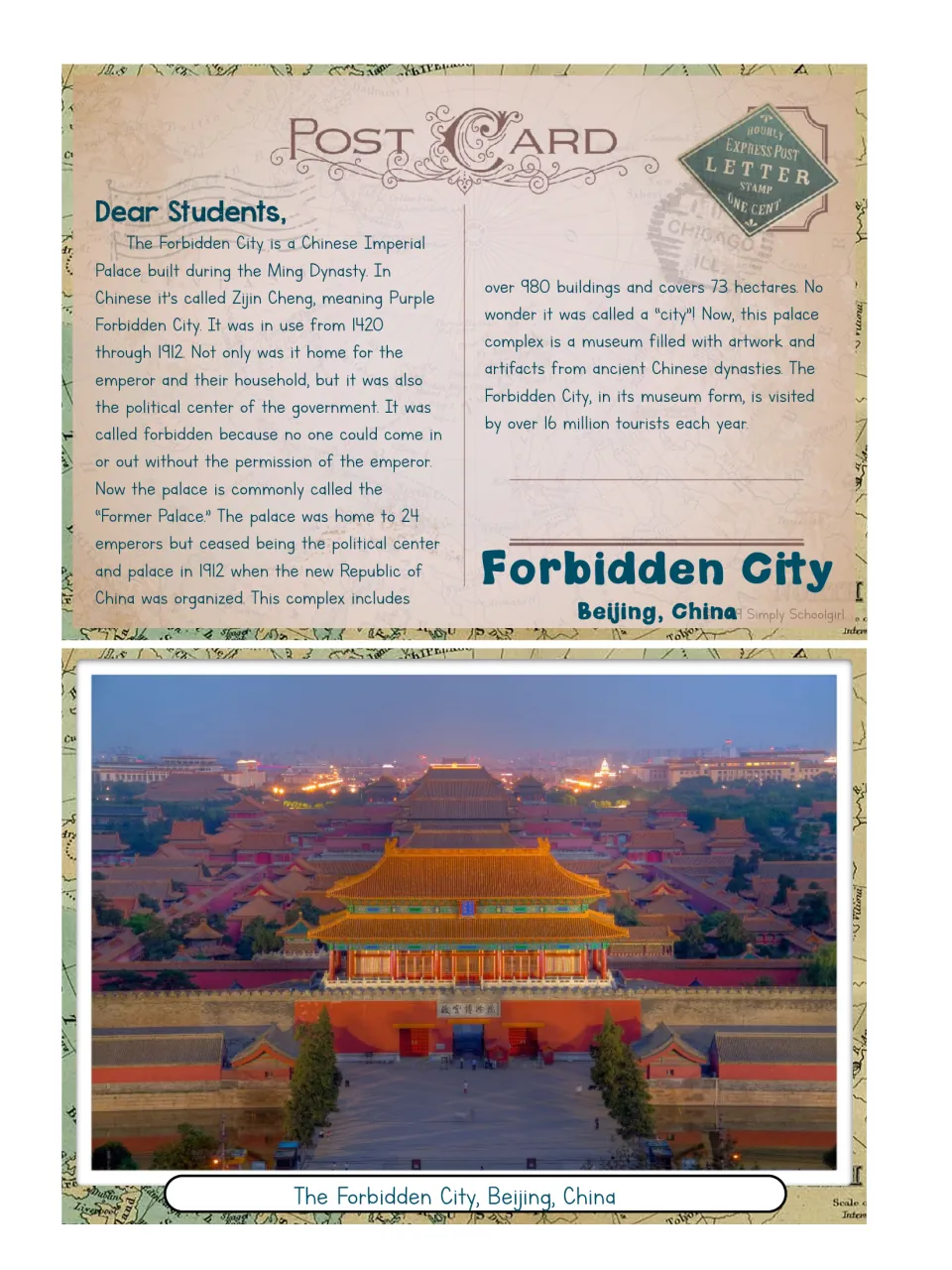 Forbidden City postcard pairs a photograph with a reading about China's imperial palace and its museum