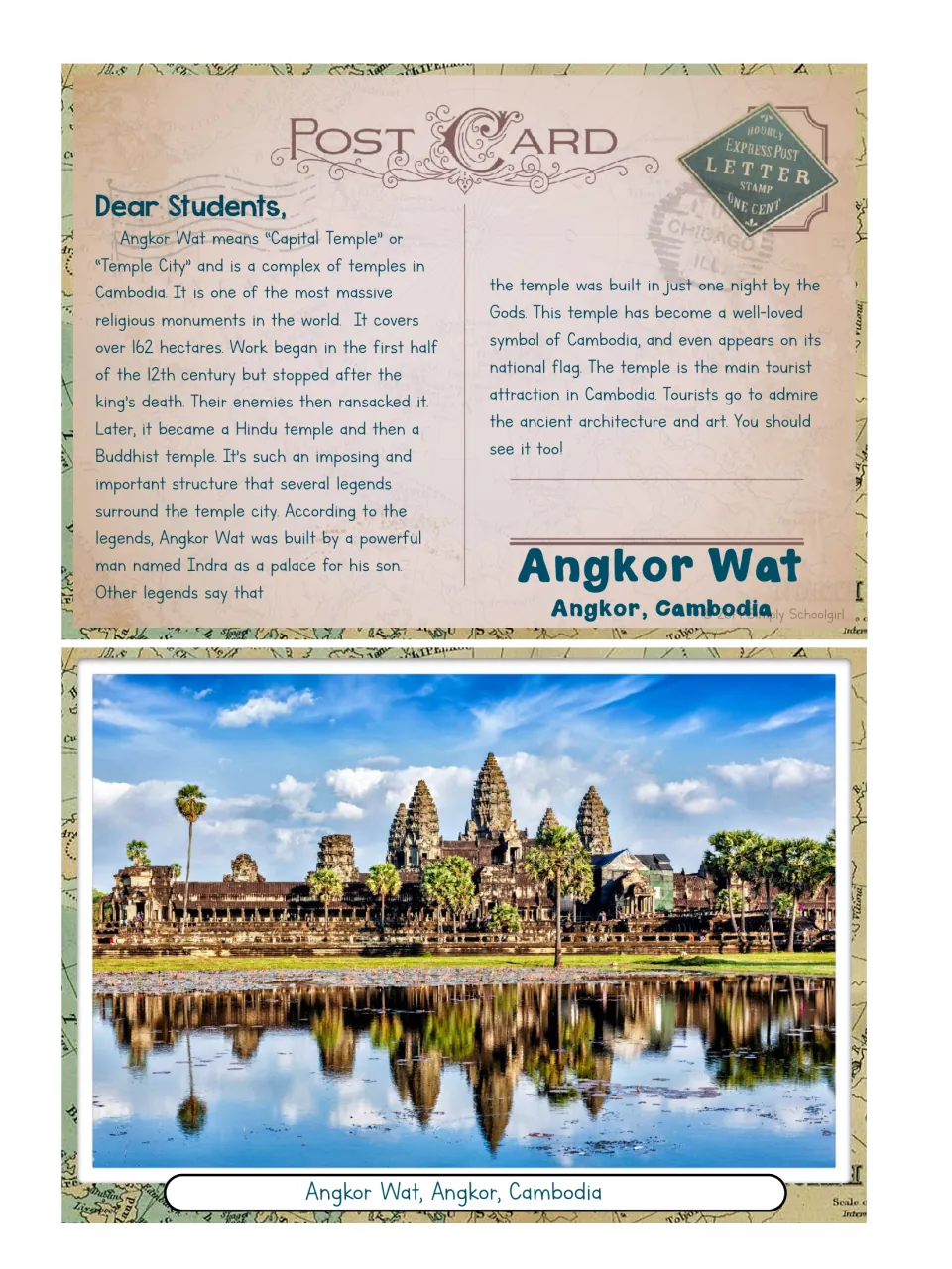 Angkor Wat postcard pairs a temple photograph with a student reading about Cambodian history and legends