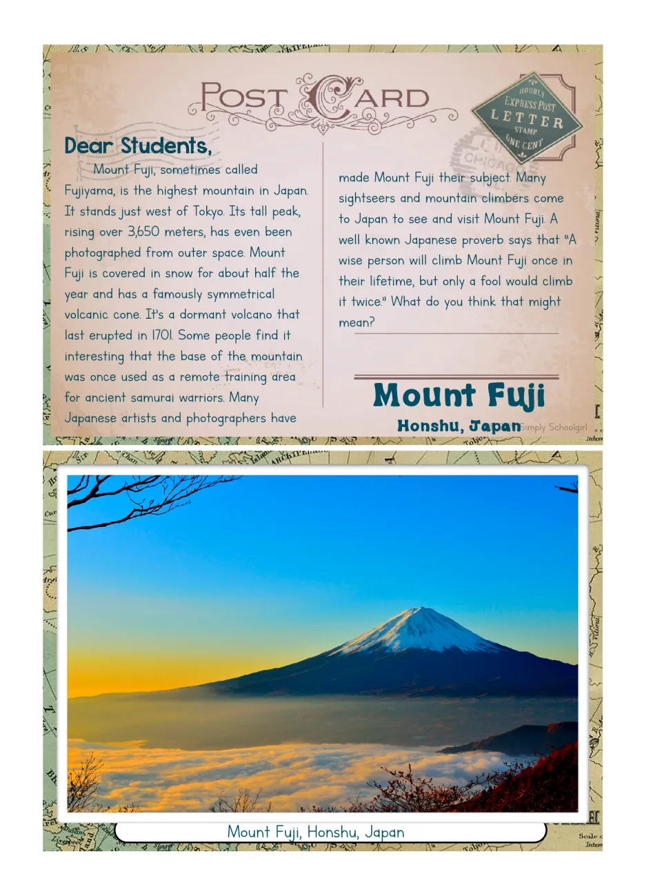 Mount Fuji postcard pairs a mountain photograph with a reading about Japan's volcano and a climbing proverb