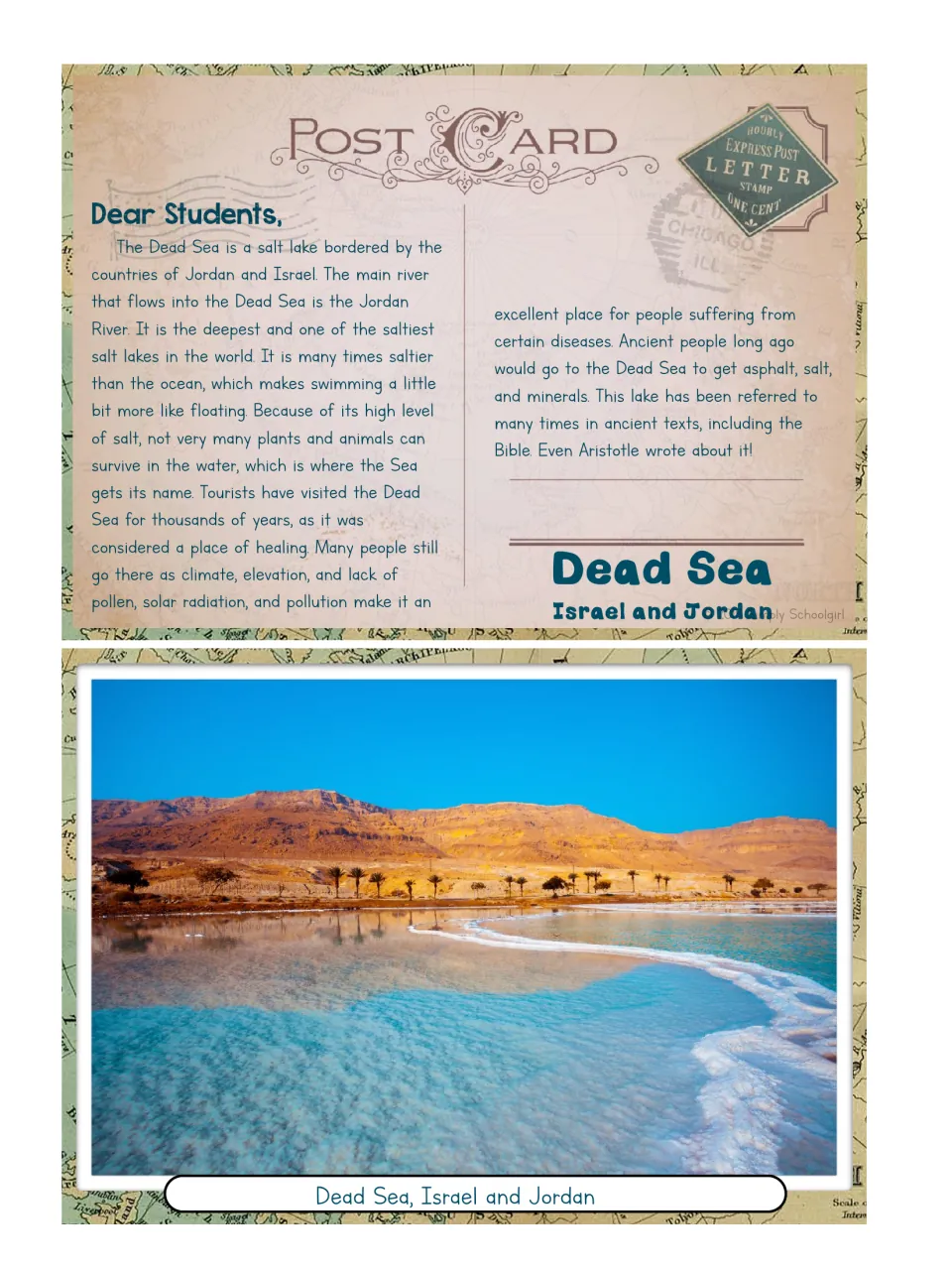 Dead Sea postcard pairs a shoreline photograph with a student reading about the salt lake and its history