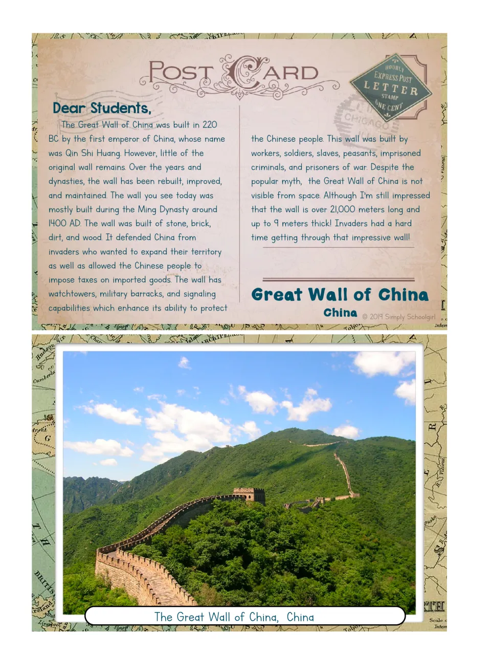 Great Wall of China postcard pairs a photograph with a reading about the wall's construction and defenses