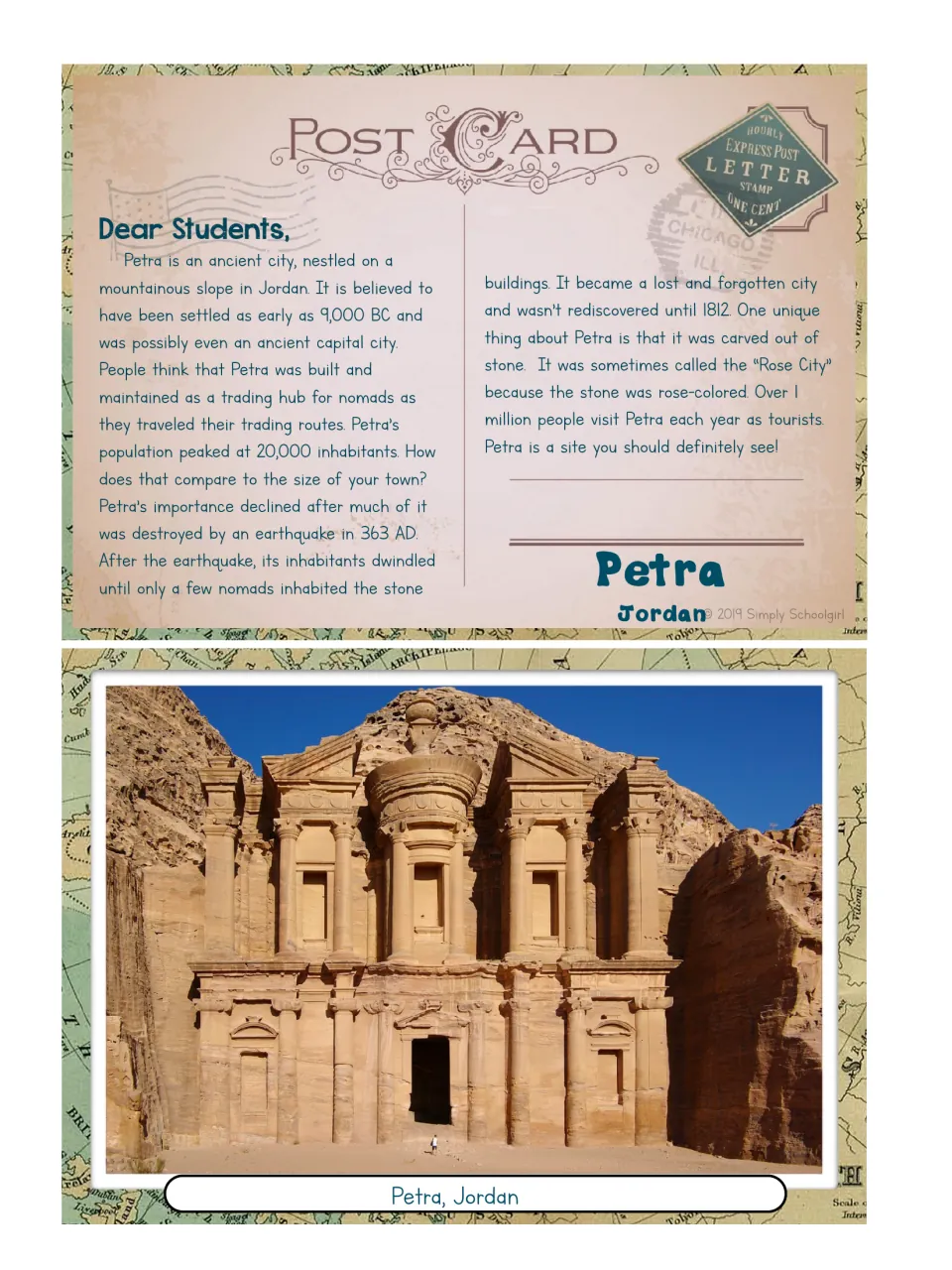 Petra postcard pairs a carved stone building photograph with a reading about Jordan's ancient trading city