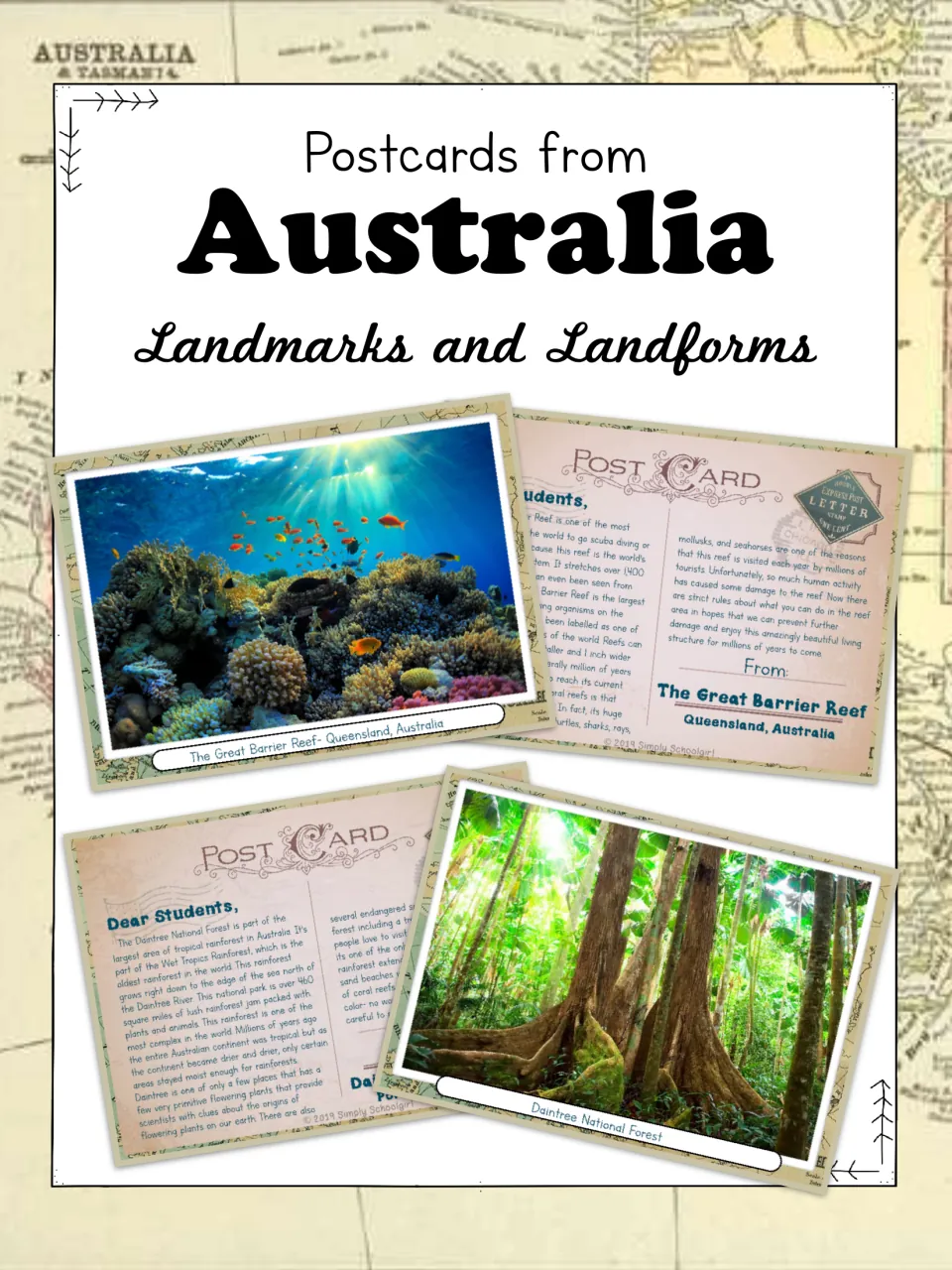 Postcards from Australia: Landmarks and Landforms cover showing Great Barrier Reef and Daintree postcard fronts and backs