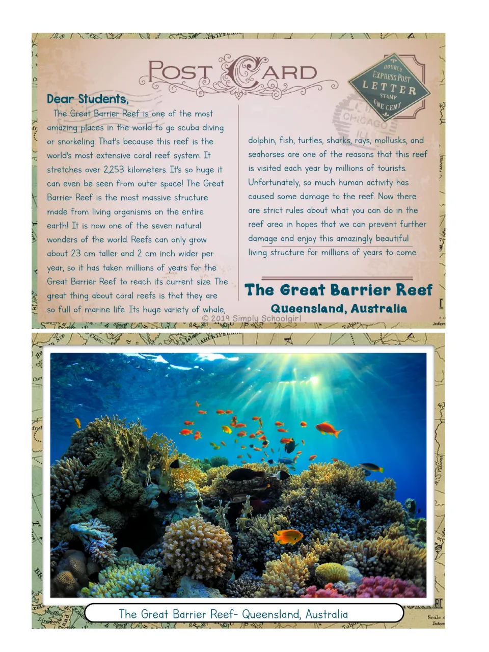 Great Barrier Reef postcard: a Dear Students letter on the reef's size, coral and marine life, with an underwater photo