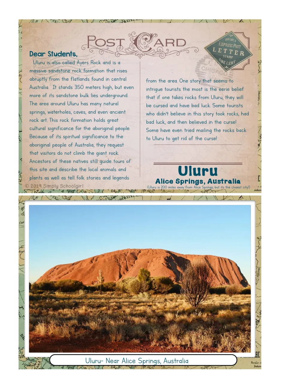 Uluru postcard: a letter on Ayers Rock's sandstone, Aboriginal significance and curse legend, with a photo of the rock