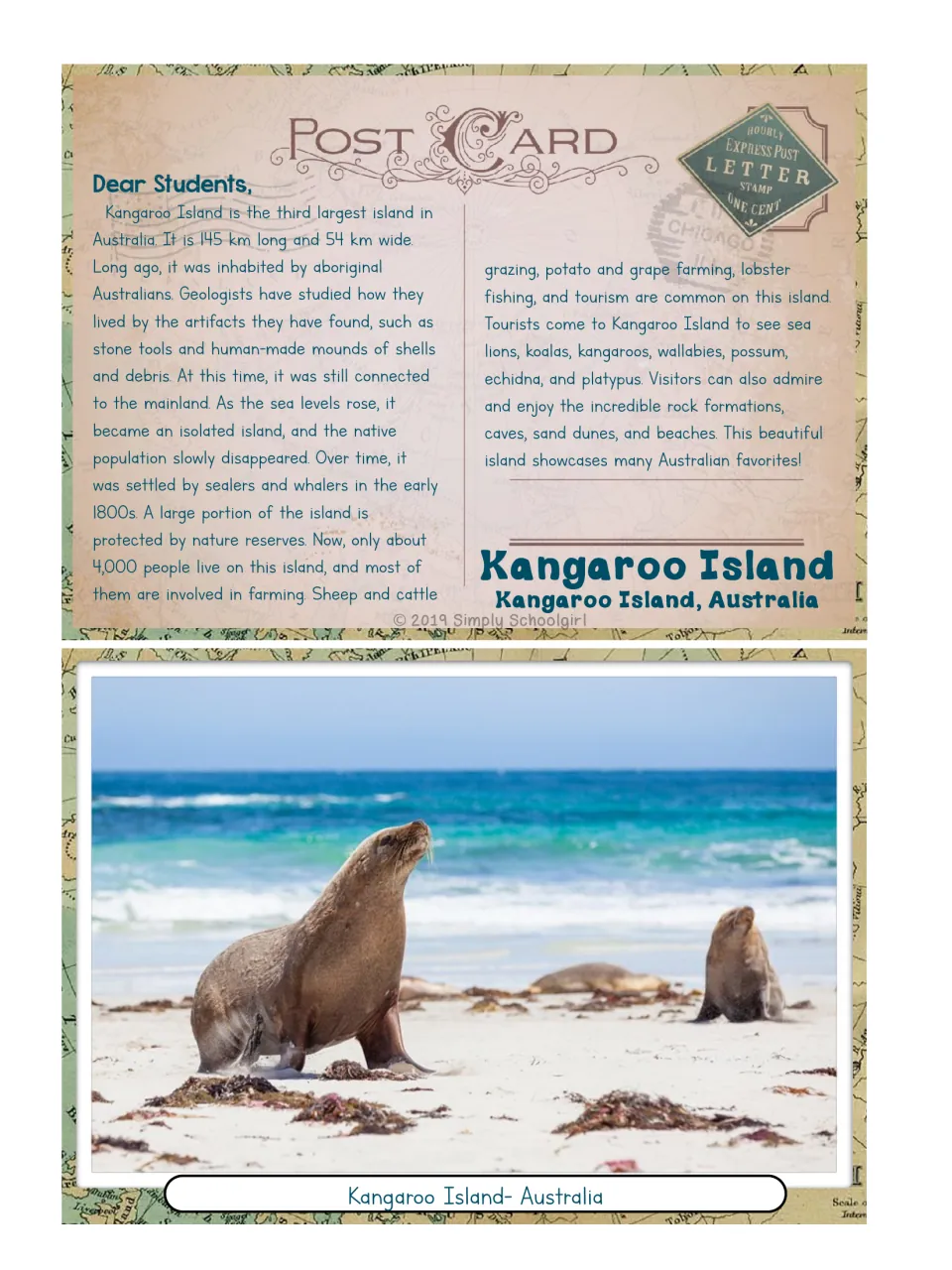 Kangaroo Island postcard: a letter on the island's history, farming and wildlife, with a photo of sea lions on a beach