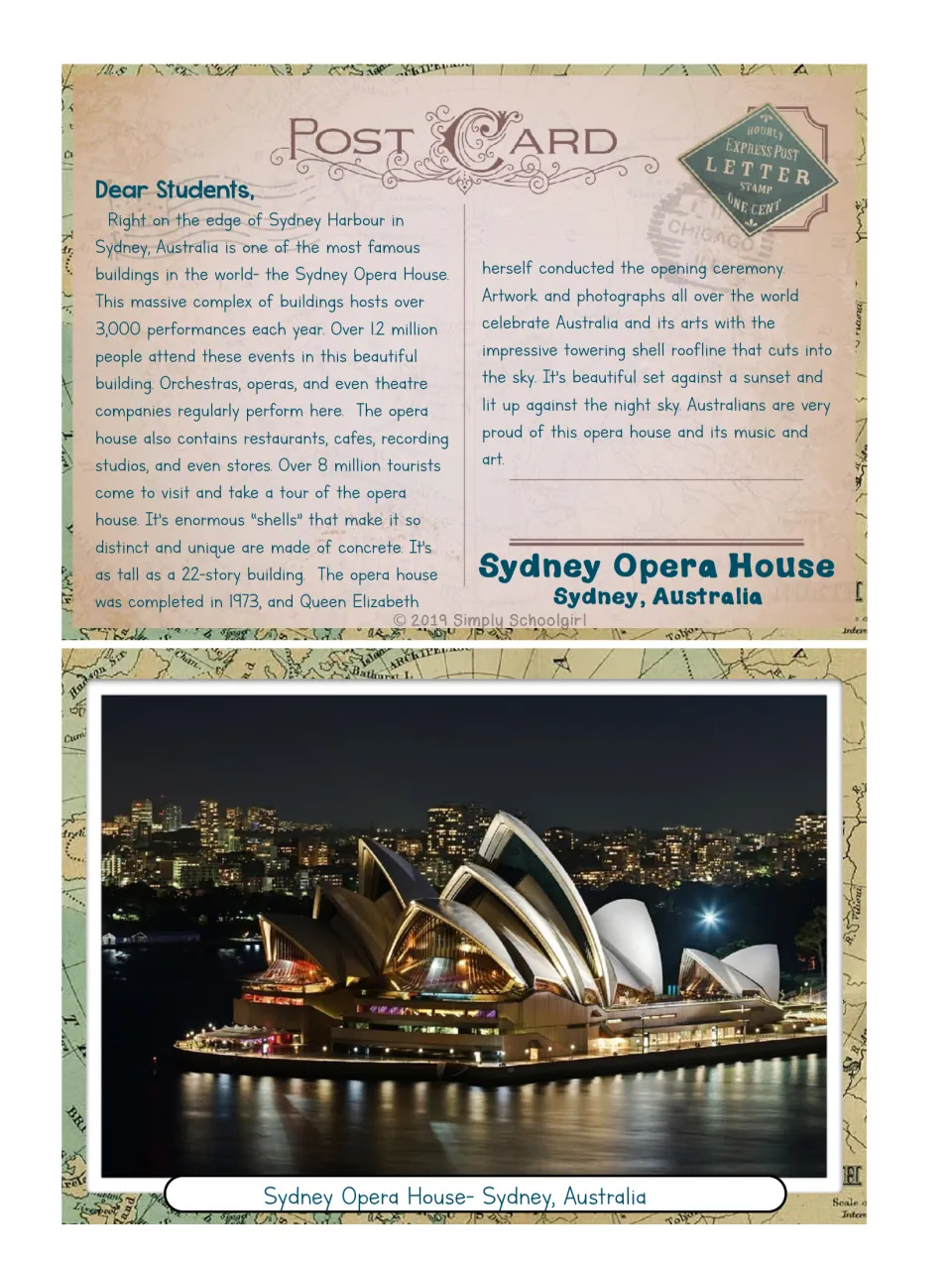 Sydney Opera House postcard: a letter on its performances, concrete shell roof and 1973 opening, with a night photo