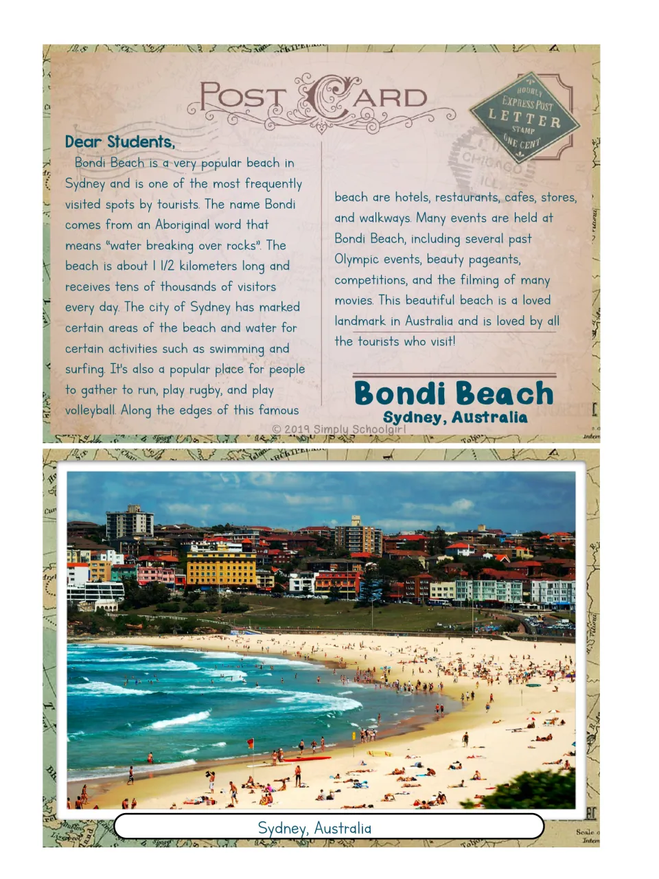 Bondi Beach postcard: a letter on the beach's Aboriginal name, activities and events, with a photo of the crowded sand
