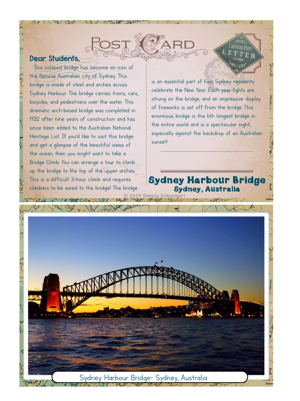 Sydney Harbour Bridge postcard: a letter on the steel arch, Bridge Climb and New Year fireworks, with a sunset photo