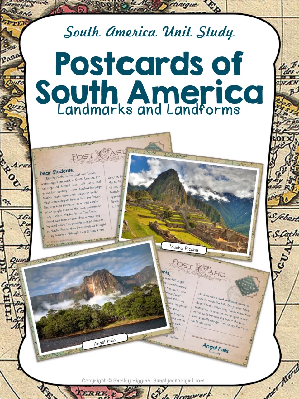 Postcards of South America cover: landmark and landform postcards for a unit study, showing Machu Picchu and Angel Falls