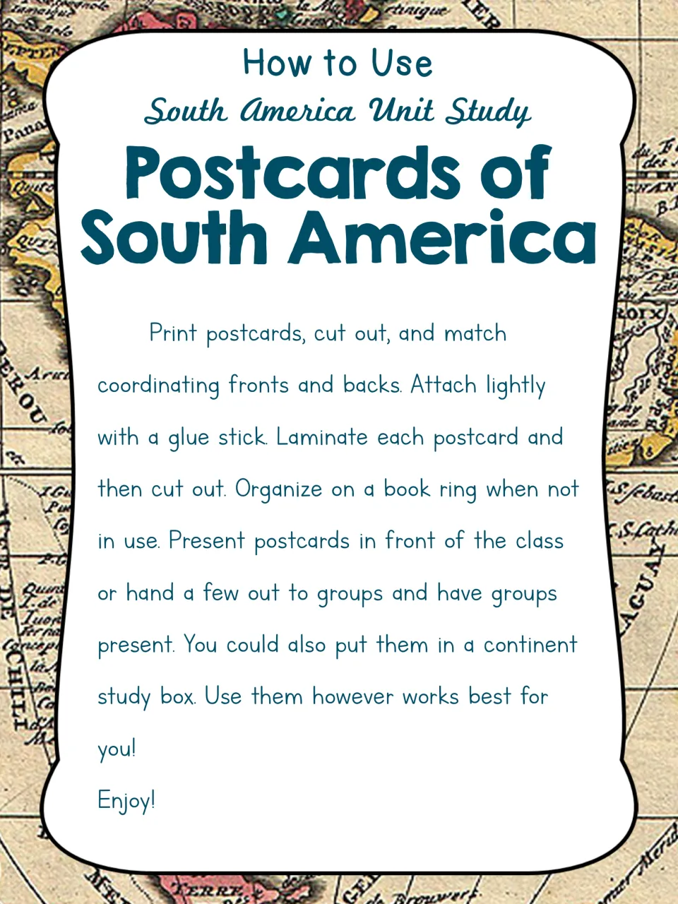 How to use the postcards: print, cut out, match fronts and backs, glue, laminate, then present to the class or in groups