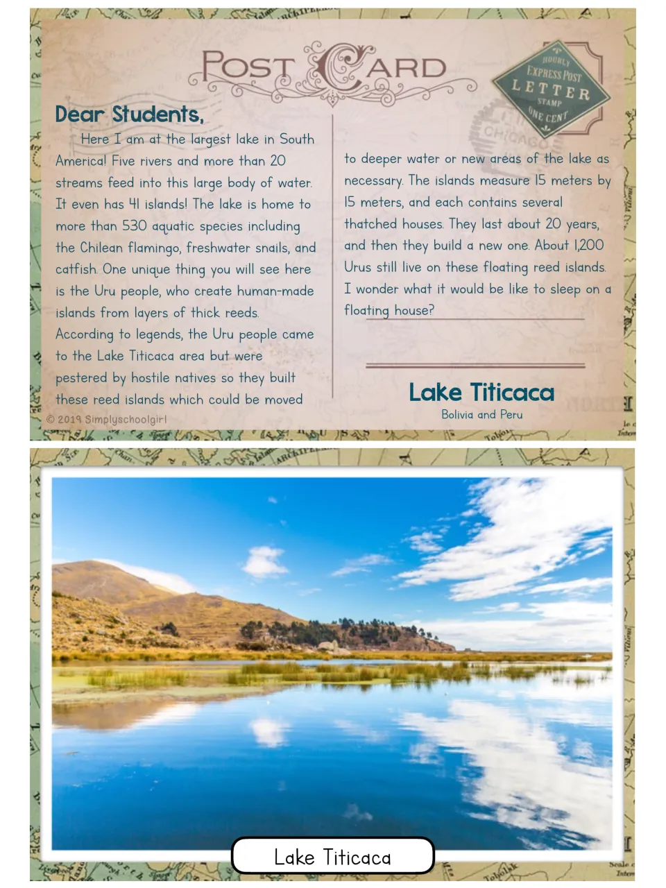 Lake Titicaca postcard (Bolivia and Peru): students read about the Uru floating reed islands beside a lake photo