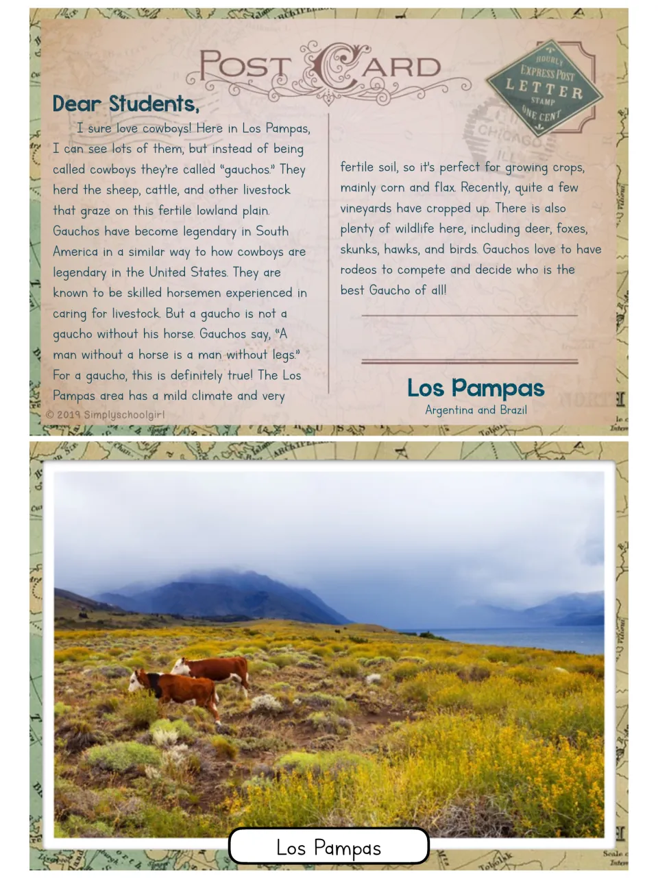 Los Pampas postcard (Argentina and Brazil): students read about gauchos, livestock and crops on the fertile lowland plain