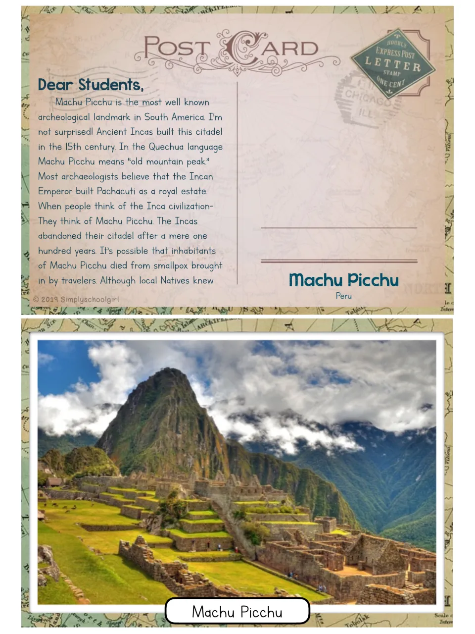 Machu Picchu postcard, Peru: a letter on the 15th-century Inca citadel, paired with a photo of the mountain ruins
