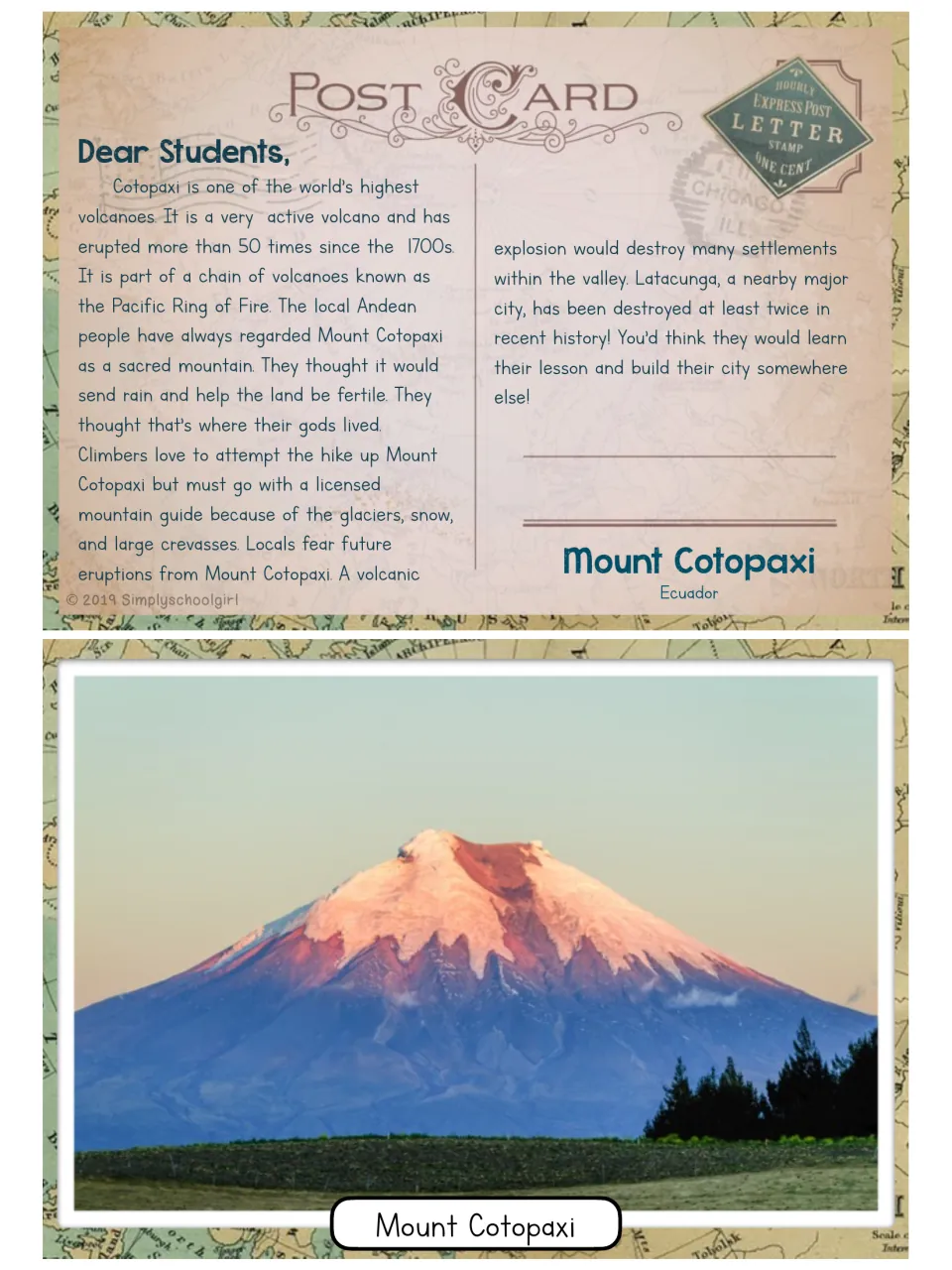 Mount Cotopaxi postcard, Ecuador: facts on the active Ring of Fire volcano and its eruptions, with a snowcapped peak photo