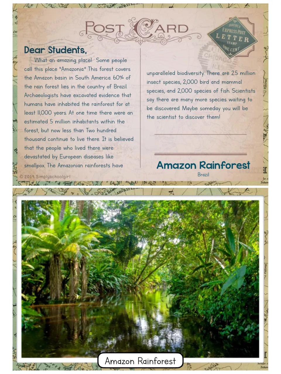 Amazon Rainforest postcard, Brazil: letter on Amazonia's history and biodiversity, with a photo of a jungle river