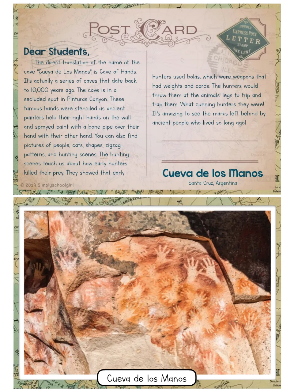 Cueva de los Manos postcard, Argentina: stenciled cave hand paintings and ancient hunting scenes, with a rock art photo