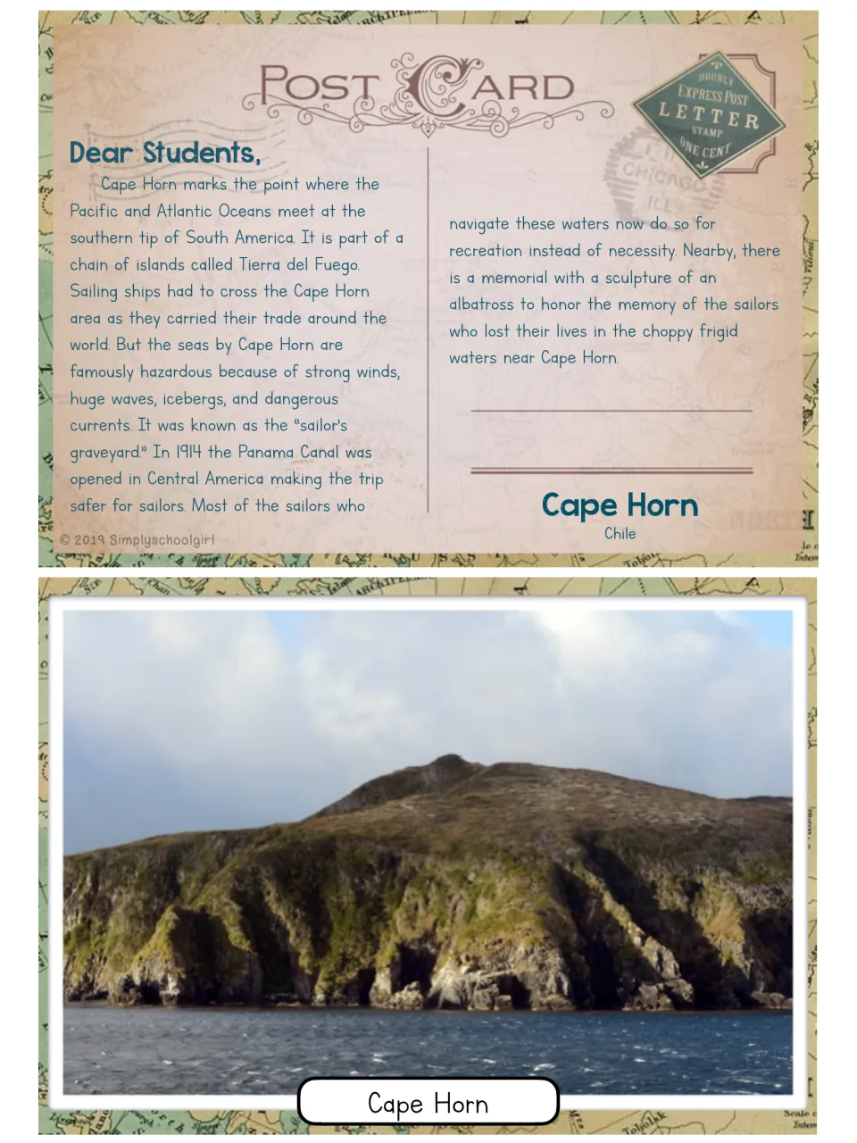 Cape Horn postcard, Chile: where the Pacific and Atlantic meet, the dangerous sailor's graveyard, with a coastal photo