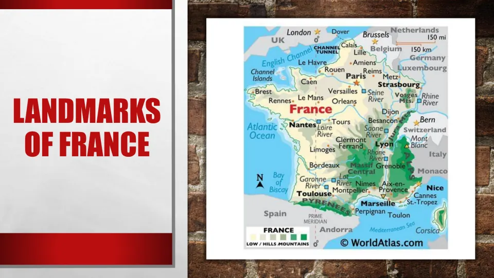 Landmarks of France PowerPoint cover introducing the presentation with a map of France and its neighbors