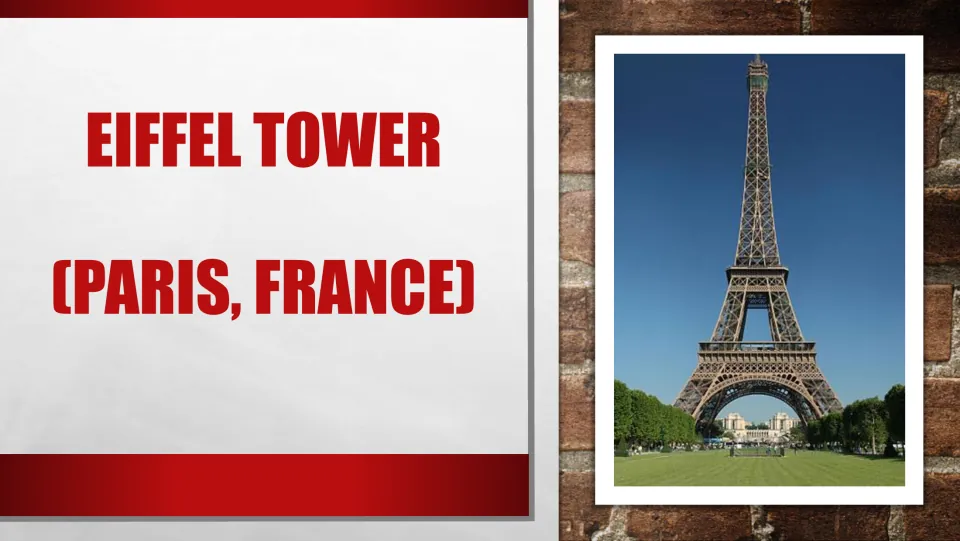 Eiffel Tower section title slide identifying Paris, France, with a photograph of the tower from the lawn