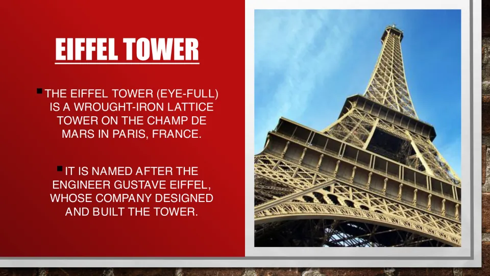 Eiffel Tower introduction slide describing its wrought-iron lattice, Paris location, and Gustave Eiffel