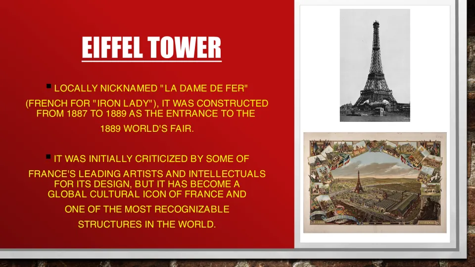 Eiffel Tower history slide explaining its Iron Lady nickname, 1887–1889 construction, and early criticism