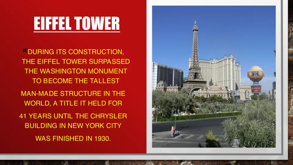 Eiffel Tower height-record slide tracing its 41-year title from the Washington Monument to the Chrysler Building