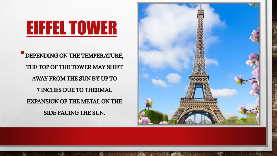 Eiffel Tower thermal expansion slide explaining how sunlight can shift the tower's top by up to 7 inches