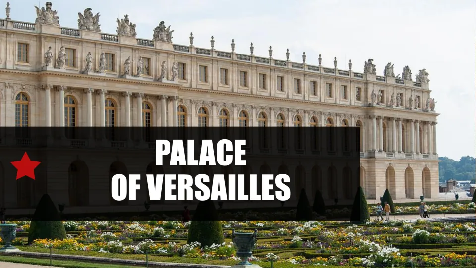 Palace of Versailles section title slide introducing the landmark with a photograph of its facade and gardens