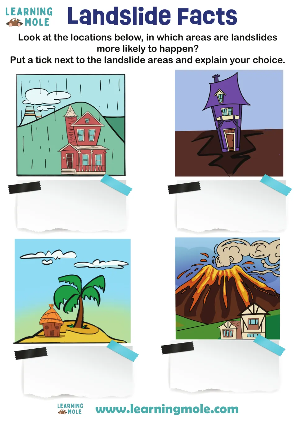 Landslide Facts: students tick which scenes (rainy hill, cracked ground, island, volcano) are landslide risks and explain