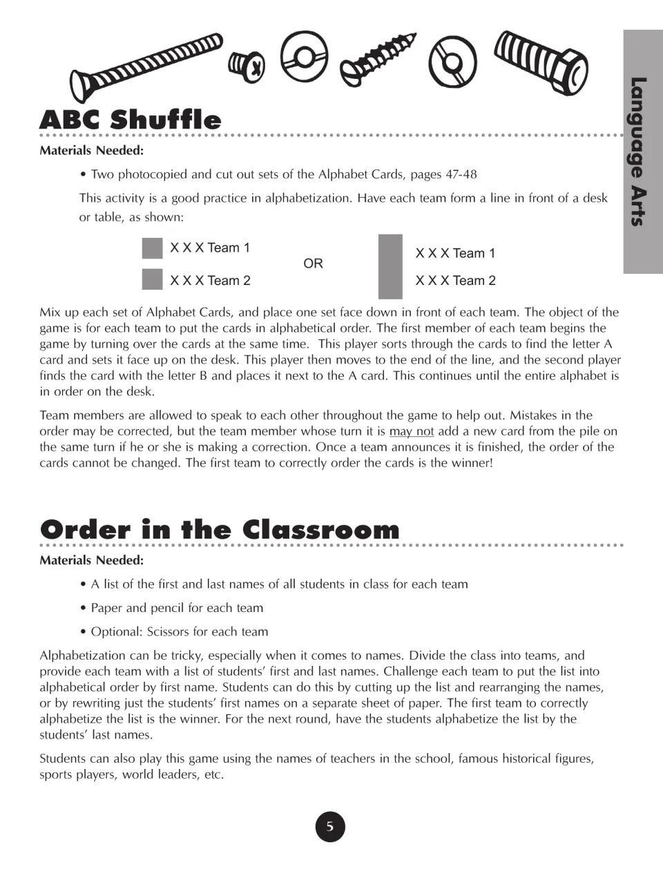 ABC Shuffle and Order in the Classroom activity directions cover alphabetizing letter cards and student names