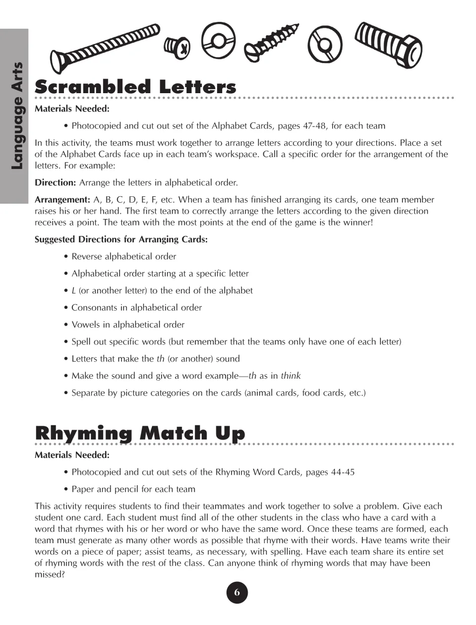 Scrambled Letters and Rhyming Match Up directions ask teams to arrange letter cards and generate rhyming words
