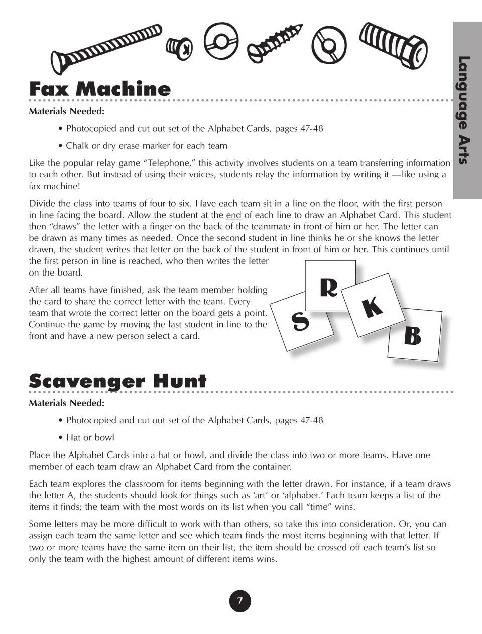 Fax Machine and Scavenger Hunt directions use letters traced on teammates’ backs and classroom item searches
