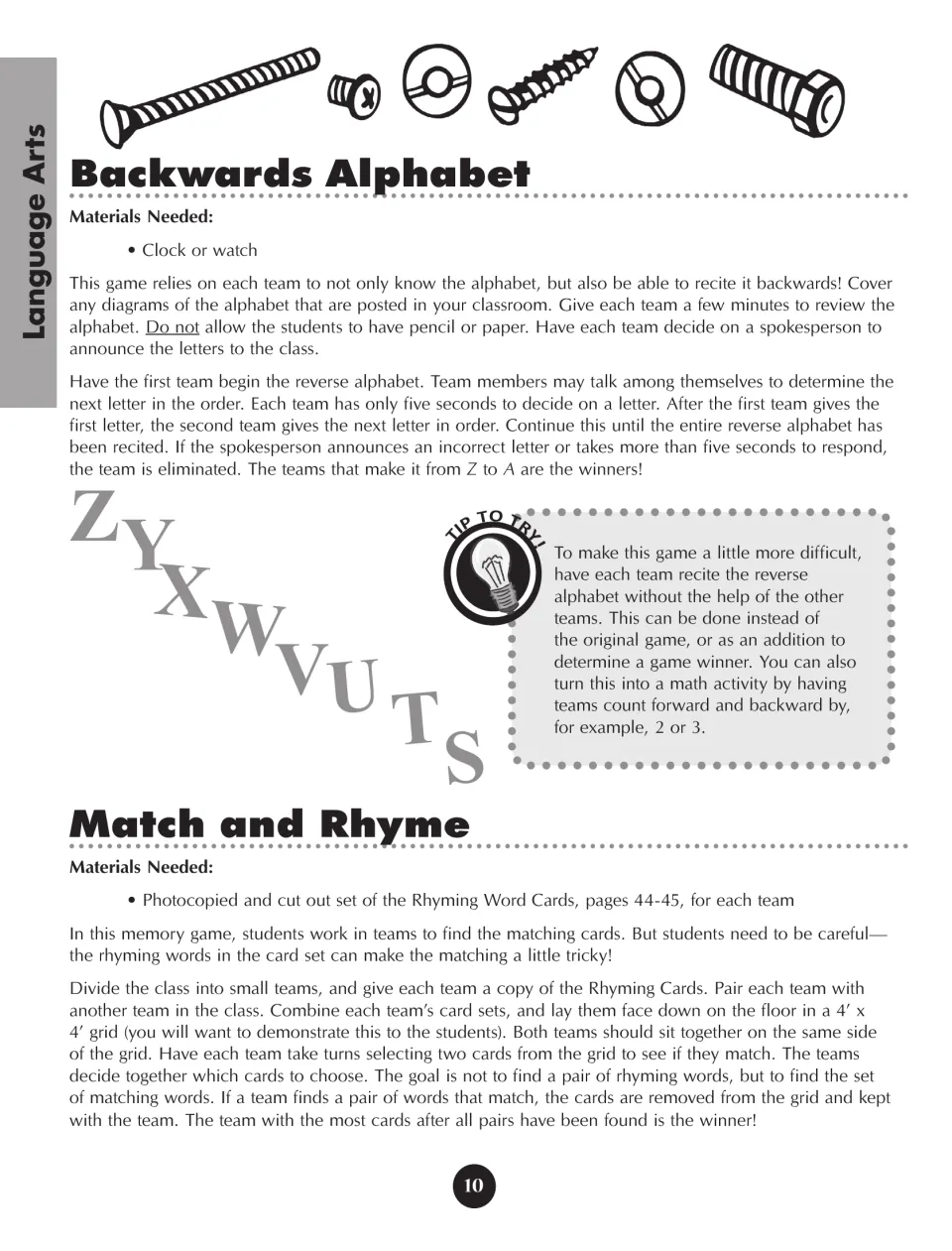 Backwards Alphabet and Match and Rhyme directions cover reciting Z to A and finding pairs of identical words
