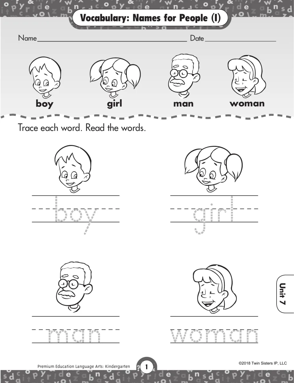 Names for People (I): students trace and read the words boy, girl, man and woman under a picture of each person
