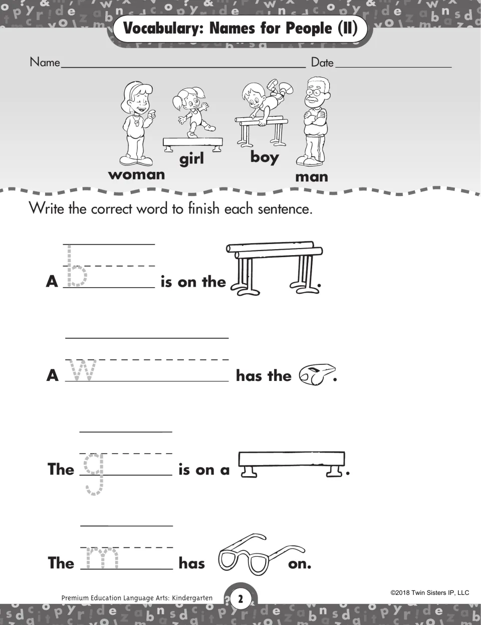 Names for People (II): students write boy, woman, girl or man to finish four picture sentences about a gym scene