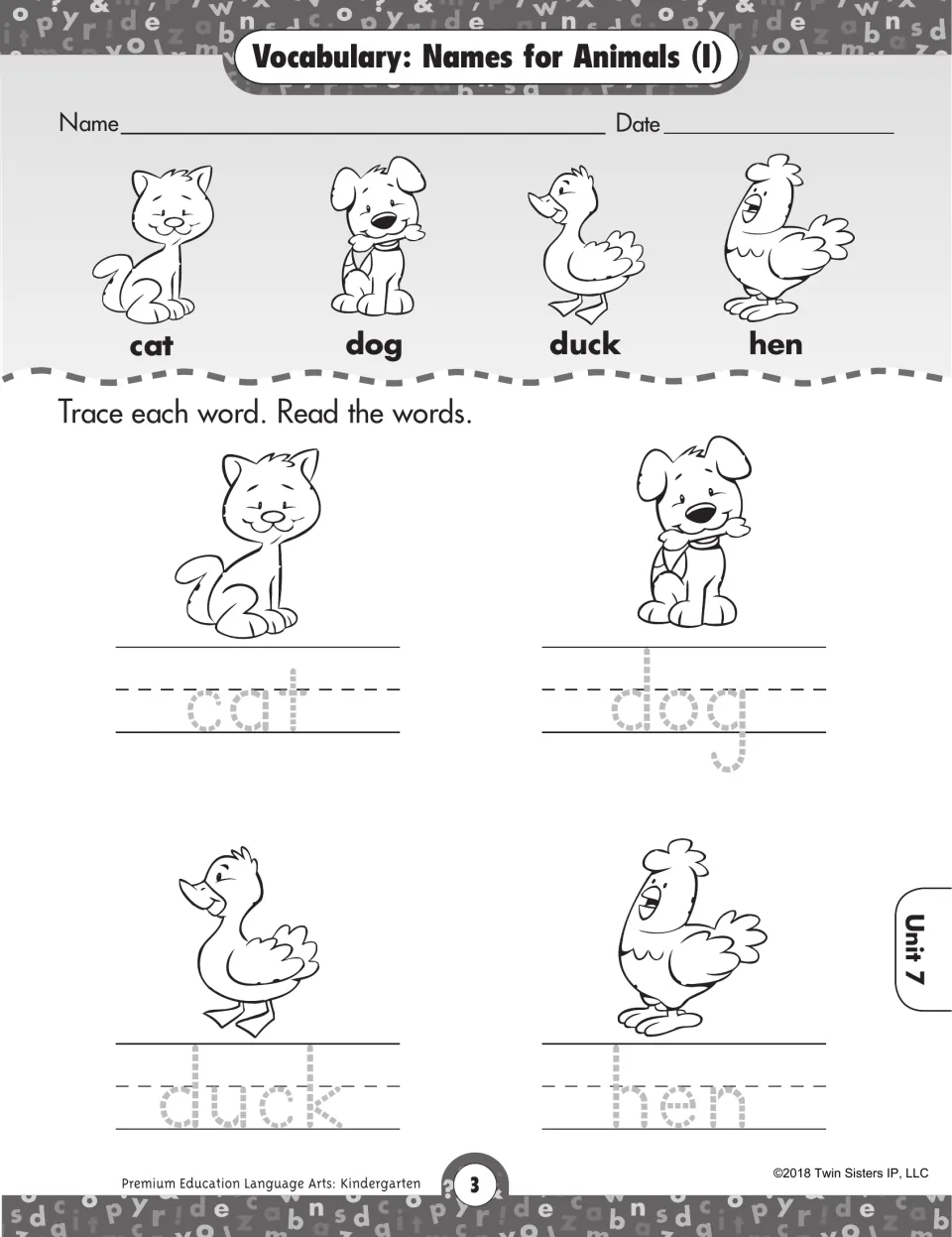 Names for Animals (I): students trace and read the words cat, dog, duck and hen beside a drawing of each animal