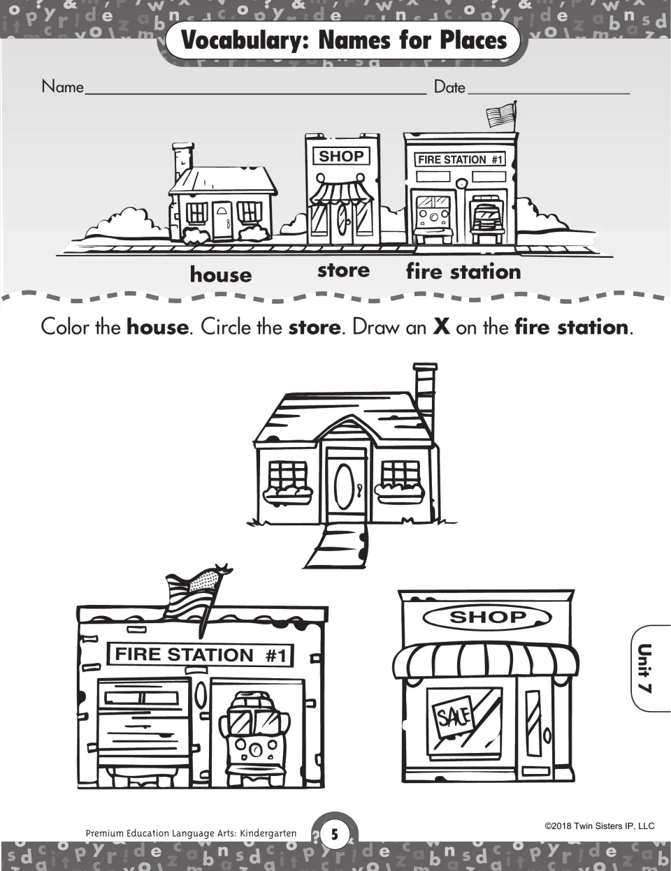 Names for Places: students color the house, circle the store and draw an X on the fire station to match place words