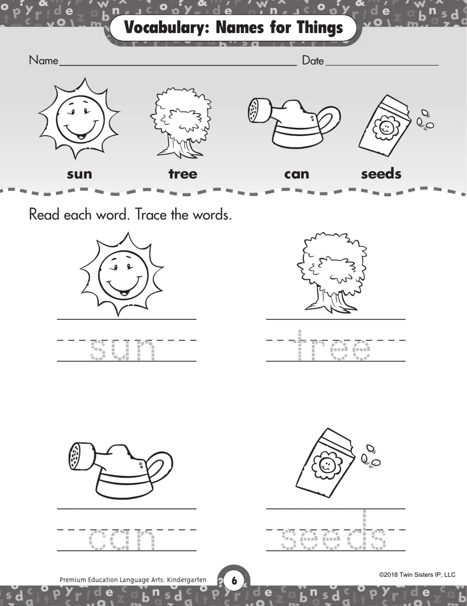 Names for Things: students read and trace the words sun, tree, can and seeds, each shown with a matching picture