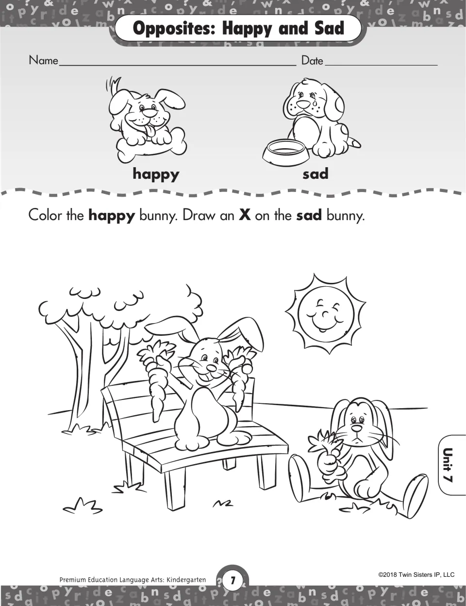 Opposites happy and sad: students color the happy bunny on a bench and draw an X on the sad bunny sitting on the grass