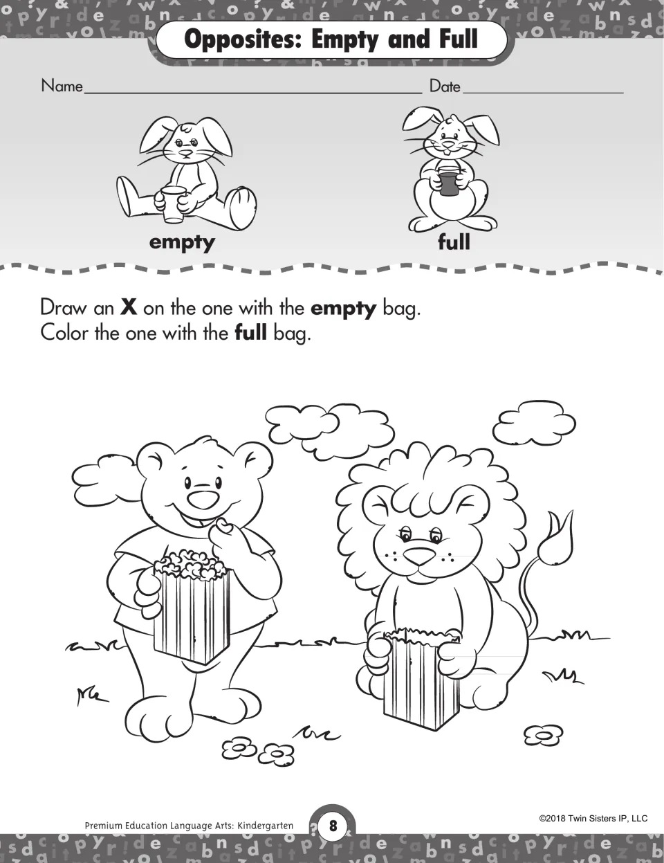 Opposites empty and full: students draw an X on the lion with the empty bag and color the bear with the full popcorn bag